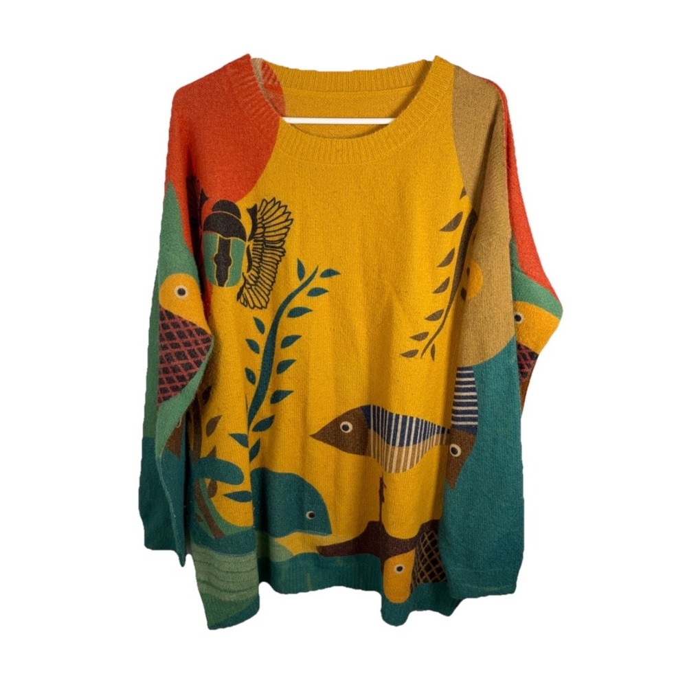 Intarsia Knit Sweater Nautical Fish Sea Marine Boat Cotton Wool 2XL Artsy